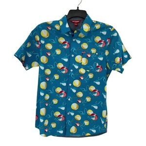 Unionbay Mens Small Teal Blue Beach Ball Flamingo Short Sleeve Button Up Shirt‎